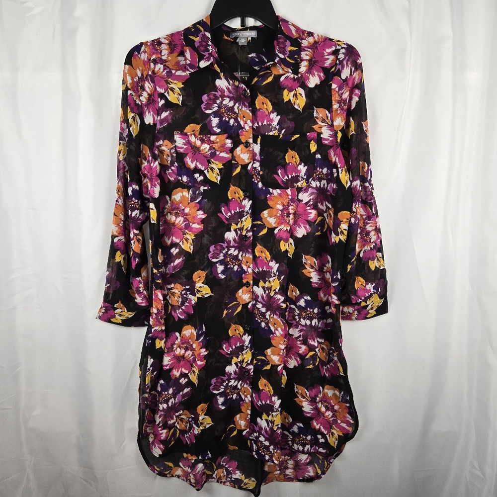 Jessica London Black Pink Semi Sheer Floral Button Down Tunic Top Plus Size 14W